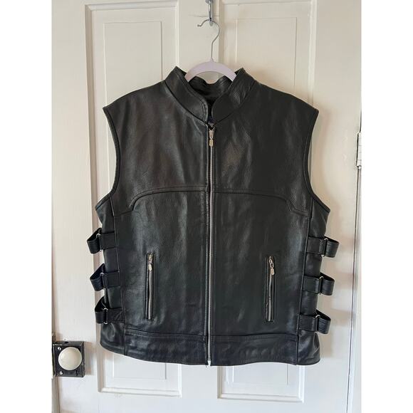 Lion Lifes Adventures leather motorcycle leather black vest proof strap style XL - Picture 1 of 8